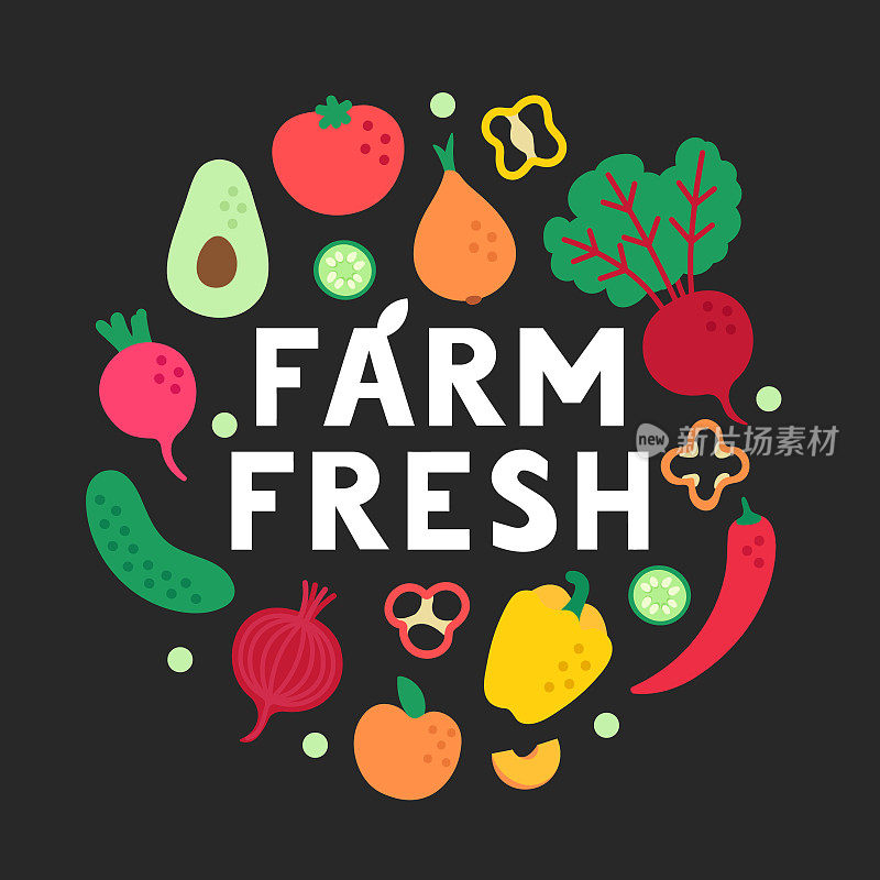 用圆形的句子表达farm fresh和蔬菜。